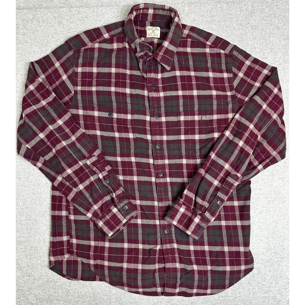 J Crew Flannel Shirt Mens Large Maroon Grey Plaid Long Sleeve Cotton Button Down